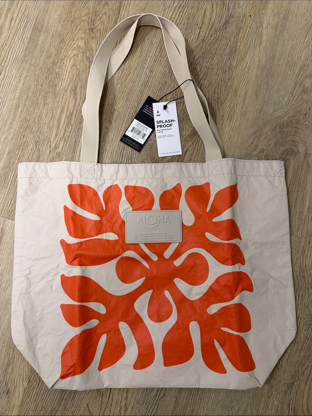 ALOHA Collection Cream reversible Tote with Orange Floral Appliqué Print